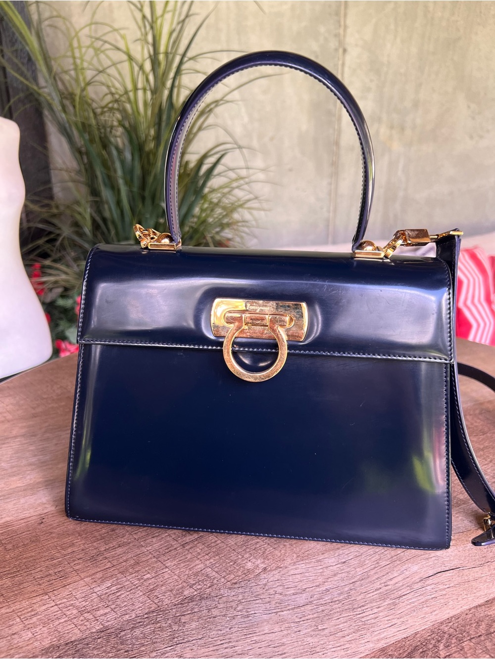 Salvatore Ferragamo Navy Patent Leather Top-Handle Bag with Gold Hardware